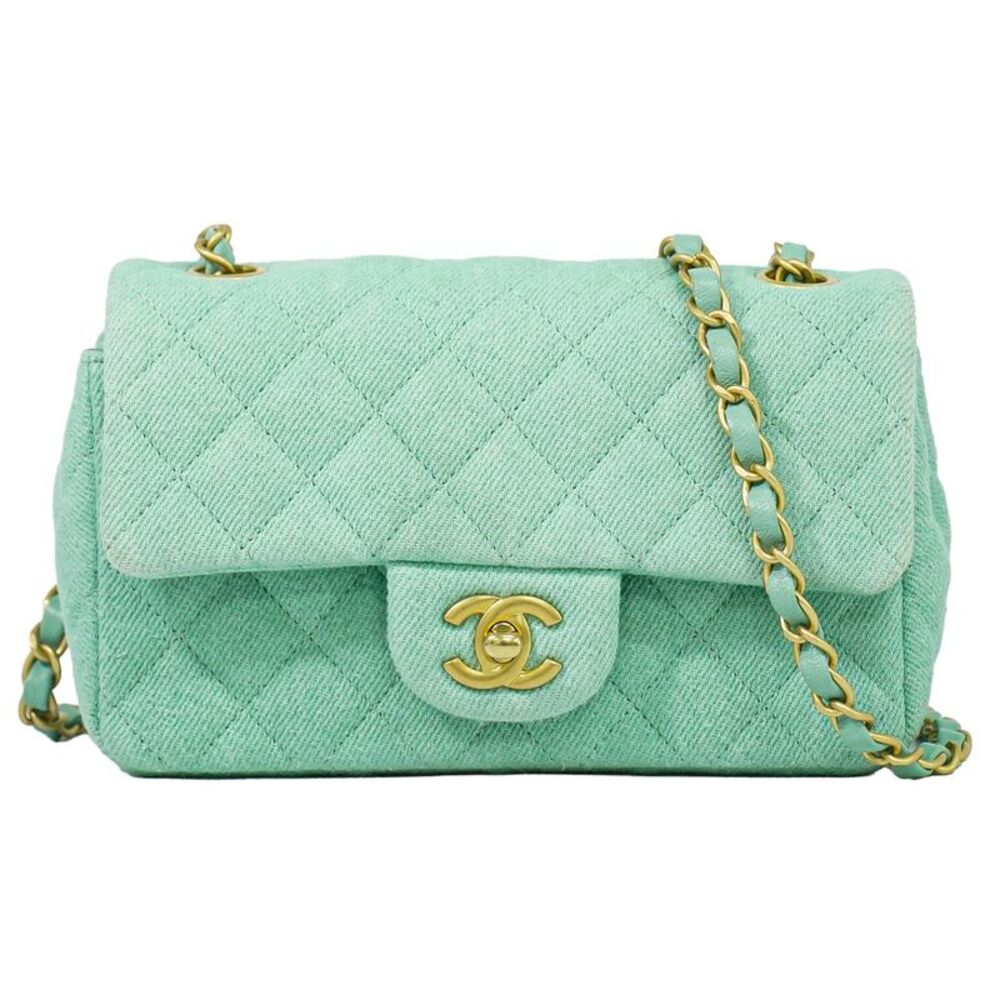 Chanel Classic Single Flap Top Handle Quilted Tweed Green Denim_Jeans Shoulder